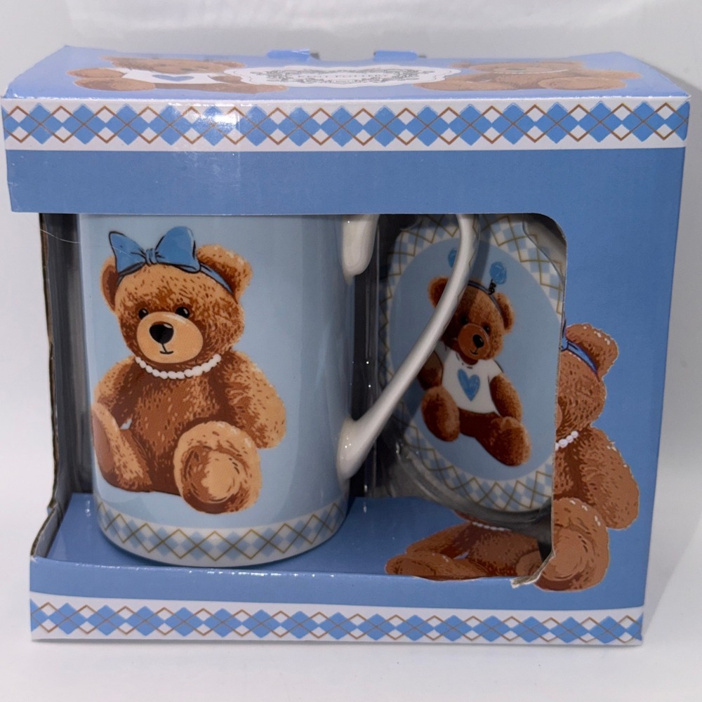 Kent Pottery OS Teddy Bear Mug Coaster Set Blue Bow Heart Cottagecore Coquette